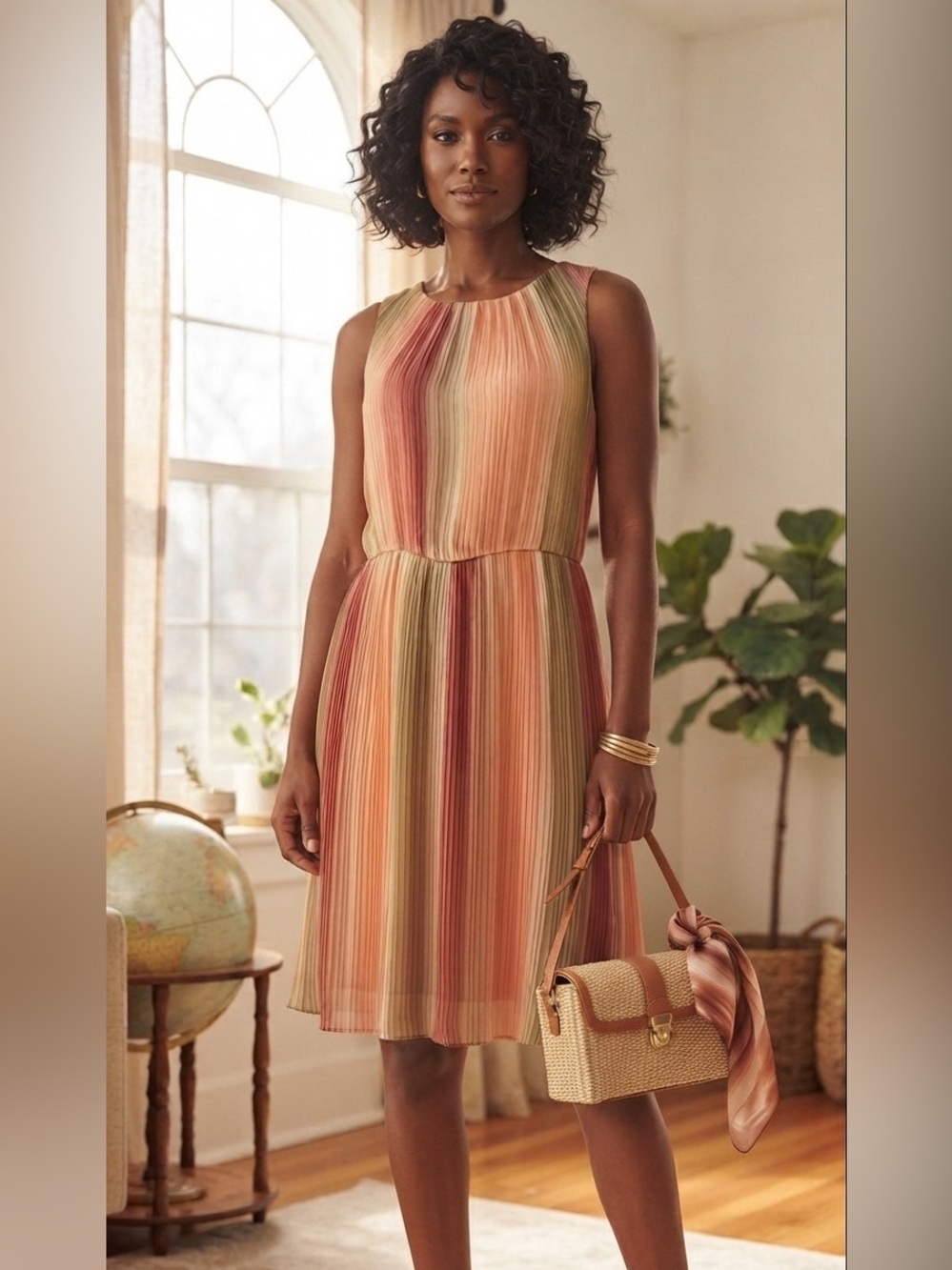 LASCANA Pleated Ombre Midi Sleeveless Dress in Peach and Olive Tones